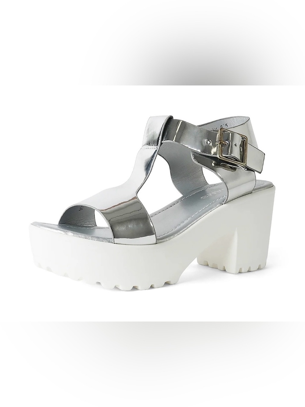 J Adam’s Metallic Silver 3 inch Platform Sandal with White Lug Sole